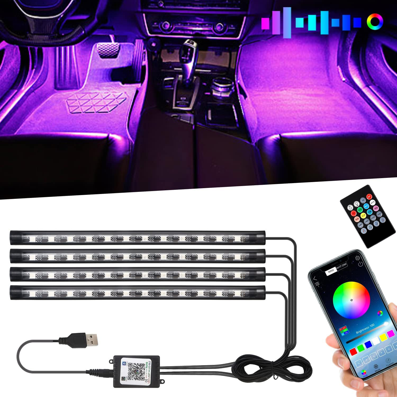 LED Interior Strip Glow Light Kit RGB Multi-Color Atmosphere